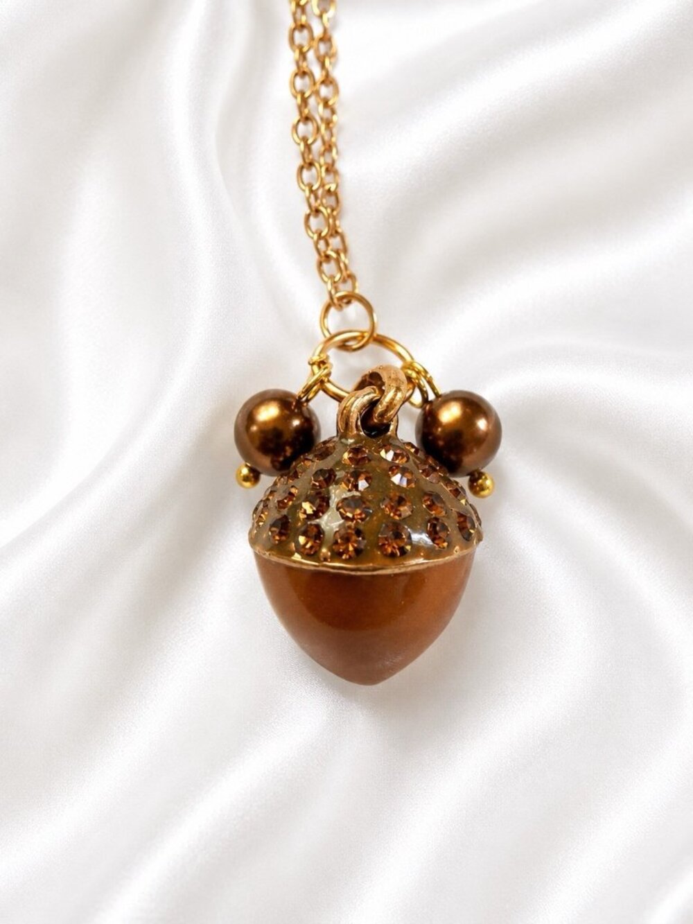 Vintage Gold Tone Enamel Acorn Pendant Necklace Brown Crystal Adjustable 18” - Picture 3 of 9